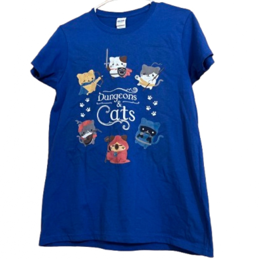 Gildan Women’s Blue Multi Dungeons and Cats Print 100% Cotton Shirt Sz-S
